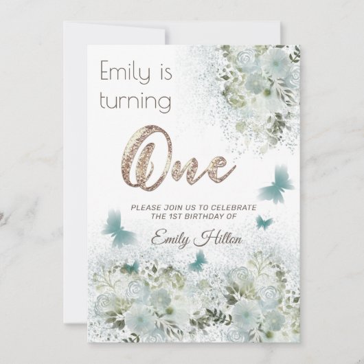 Blütengarten Butterfly zum ersten Geburtstag Einladung (Vorderseite)