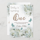 Blütengarten Butterfly zum ersten Geburtstag Einladung (Vorne/Hinten)