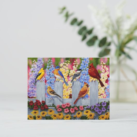 Blütengarten mit bunten Vogelarten Postkarte (Stehend Vorderseite)