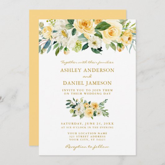 Blütengelbe Grüne Goldhochzeit Einladung (Vorne/Hinten)