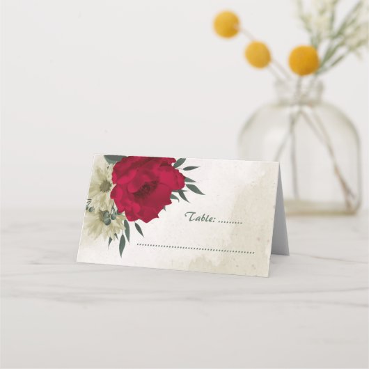 Blütengelbe rote Blumen botanische Hochzeit Platzkarte (Vorderseite)