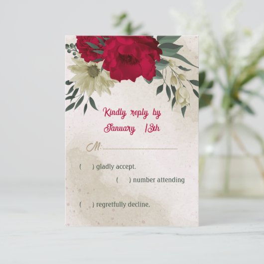 Blütengelbe rote Blumen botanische Hochzeit RSVP Karte (Stehend Vorderseite)
