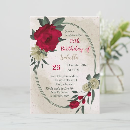 Blütengelbe rote Blumen botanischer Geburtstag Einladung (Stehend Vorderseite)