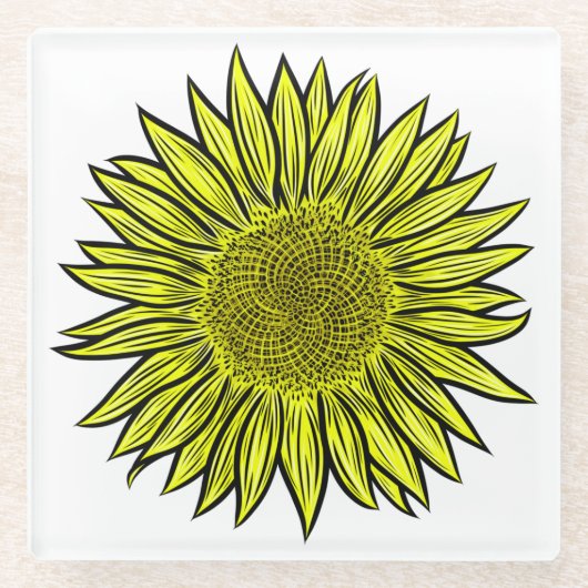 Blütengelbe Sonnenblume Hand gezogen Glasuntersetzer (Vorderseite)