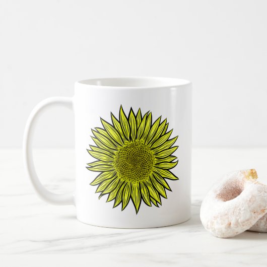 Blütengelbe Sonnenblume Hand gezogen Kaffeetasse (Mit Donut)