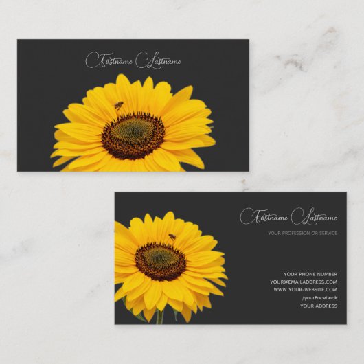 Blütengelbe Sonnenblumenkalligraphie dunkelgrau Visitenkarte (Vorne/Hinten)
