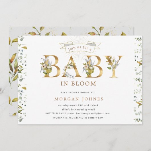 Blütengoldbaby in Blütendusche Einladung (Vorne/Hinten)