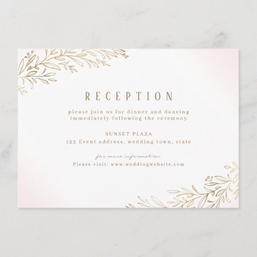 Blütengoldvergoldeter botanischer Hochzeitsempfang Begleitkarte (Vorderseite)