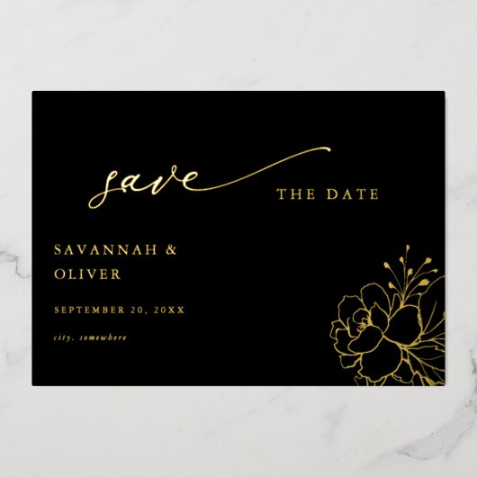 Blütengoldverkleidung Save the Date - Schwarz Folieneinladung (Vorderseite)