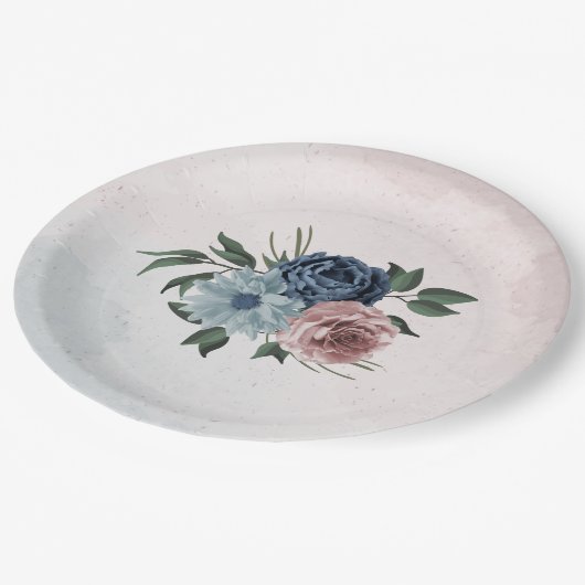 Blütengrün-Hochzeit in rosa staubblauer Marineblau Pappteller (Schrägansicht)