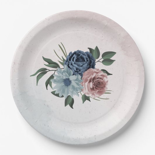 Blütengrün-Hochzeit in rosa staubblauer Marineblau Pappteller (Vorderseite)