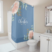 Blütengrün-Monogramm-Name der dunkelblauen Rose Duschvorhang (Beispiel)