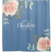 Blütengrün-Monogramm-Name der dunkelblauen Rose Duschvorhang (Vorderseite)
