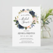 Blütengrün-Navy-Blush Blätter Brautparty Einladung (Stehend Vorderseite)