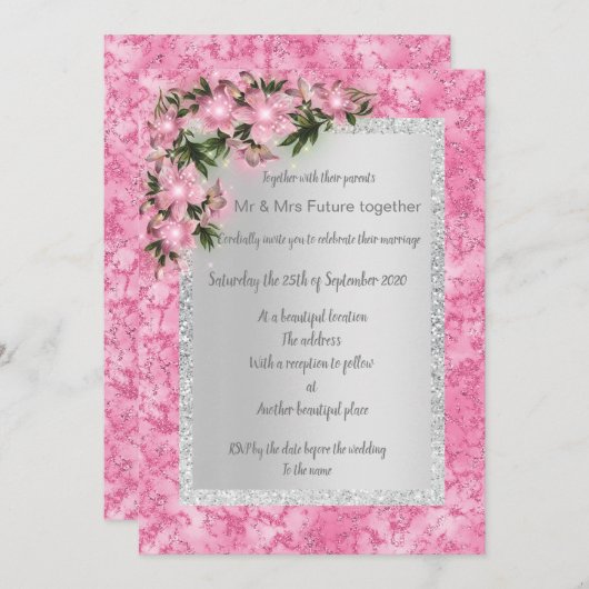 Blütenhochzeit aus rosa Marmor mit rosafarbenem, s Einladung (Vorne/Hinten)
