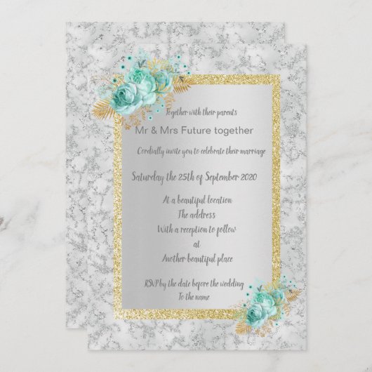 Blütenhochzeit aus Silbermarmor mit Aqua-Gold Einladung (Vorne/Hinten)