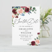 Blütenhochzeit der Rose Burgund Save The Date (Stehend Vorderseite)