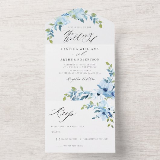 Blütenhochzeit in hellblau all in one einladung (Innen Boden)