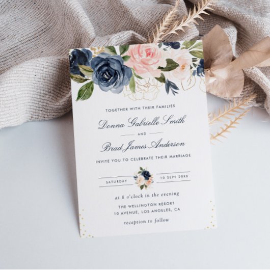 Blütenhochzeit in Marineblau und Wasserfarbe Einladung