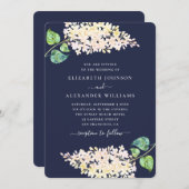 Blütenhochzeit in Navy. Aquarellfarben-Blume Einladung (Vorne/Hinten)