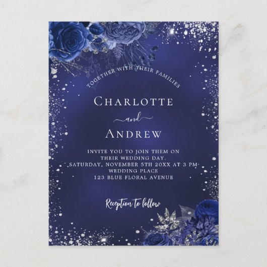 Blütenhochzeit in Navy-Silber-Glitzern Einladungspostkarte (Vorderseite)