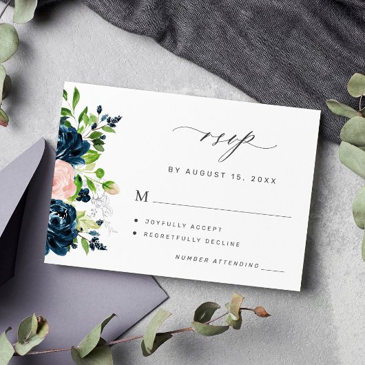 Blütenhochzeit in Navy und Rosa RSVP Karte