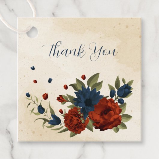 Blütenhochzeit in Orange und Marineblau Geschenkanhänger (Vorderseite)