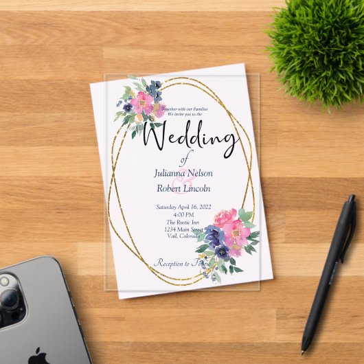 Blütenhochzeit in Rosa und Blau Acryleinladungen (Insitu (Einladungskarte))