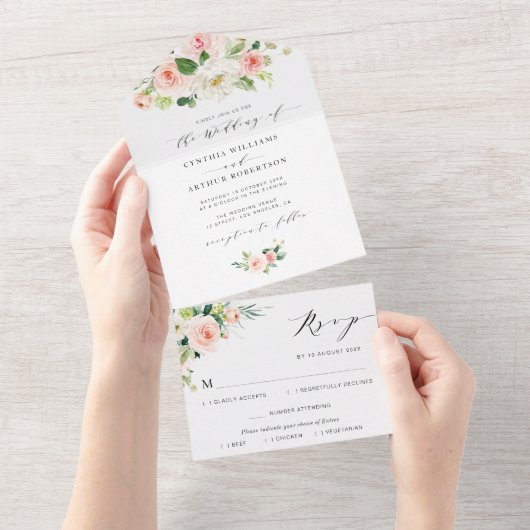 Blütenhochzeit in Rosa und Weiß All In One Einladung (Abreißen)