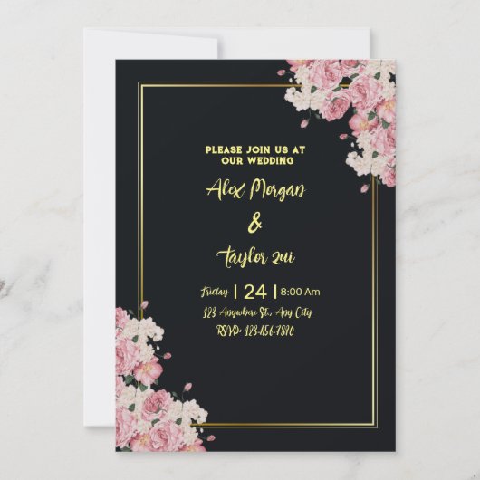 Blütenhochzeit in Schwarz und Gold Einladung (Vorderseite)