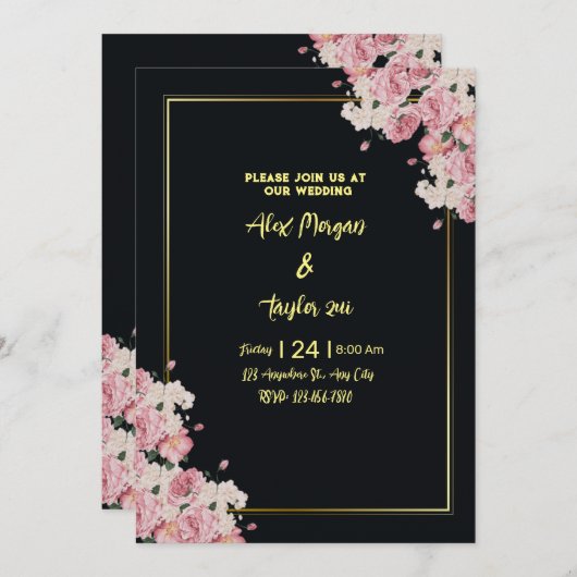 Blütenhochzeit in Schwarz und Gold Einladung (Vorne/Hinten)