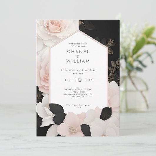 Blütenhochzeit mit Chanel-inspiriert Rosa Einladung (Stehend Vorderseite)