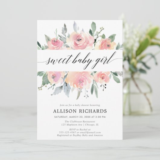 Blütenkalligraphie, elegante Mädchendusche Einladung (Stehend Vorderseite)