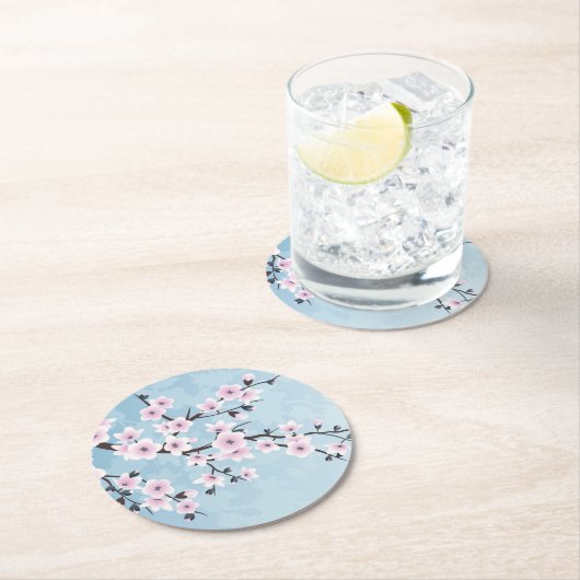 Blütenkirsche Blüten Dusky Pink Pale Blau Runder Pappuntersetzer (Vor Ort)
