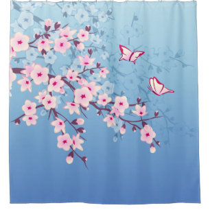 Blütenkirsche Blüten Rosa Blau Duschvorhang