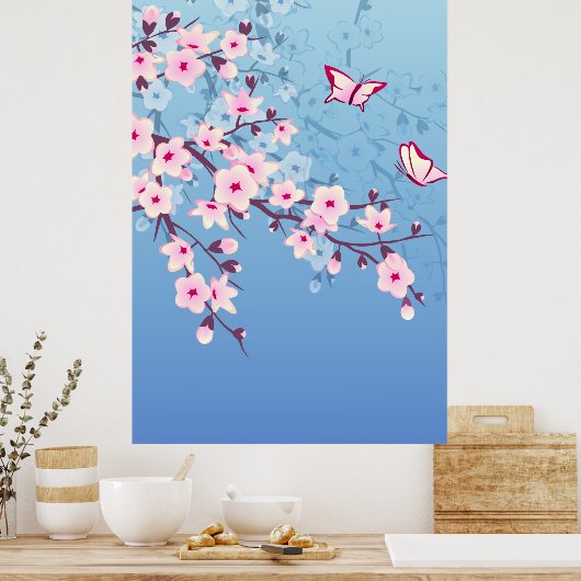 Blütenkirsche Blüten Rosa Blau Poster (Küche)