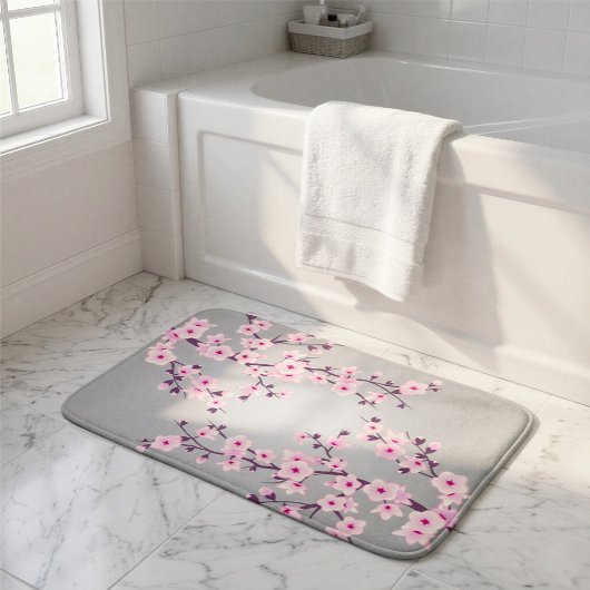 Blütenkirsche Blüten Rosa Grau Badematte