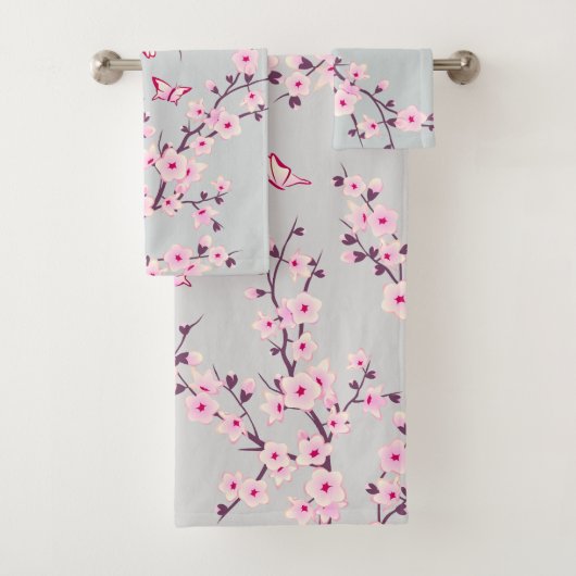 Blütenkirsche Blüten Rosa Grau Badhandtuch Set (Insitu)