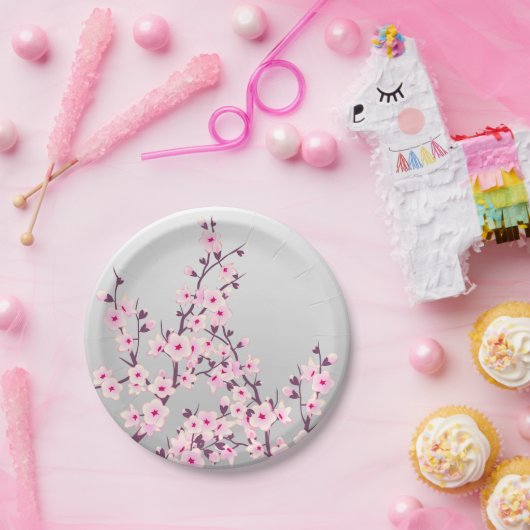 Blütenkirsche Blüten Rosa Grau Pappteller (Party)