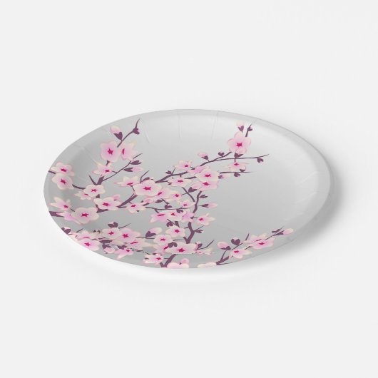 Blütenkirsche Blüten Rosa Grau Pappteller (Schrägansicht)