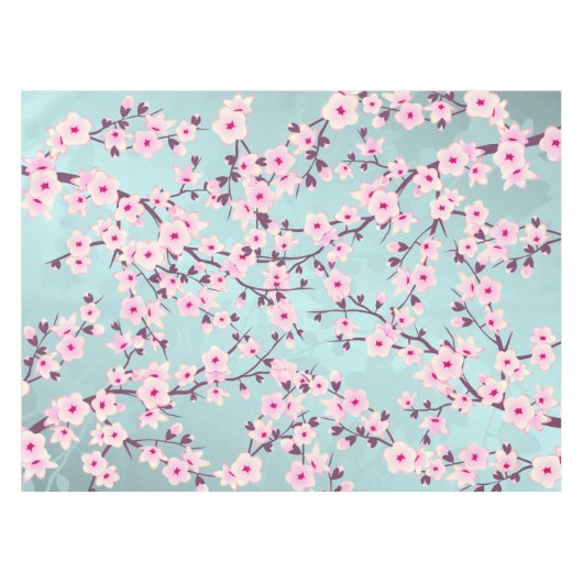 Blütenkirsche Blüten Rosa Türkis Tischdecke (Vorderseite (Horizontal))