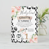 Blütenkuh und Kuh Print 1. Geburtstag Einladung (Stehend Vorderseite)