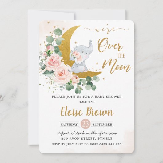 Blütenlephant über der Mond-Babydusche Einladung (Vorderseite)