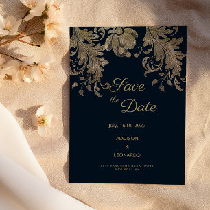 Blütenluxus in Navy-Blue-Gold Save the Date Einladung