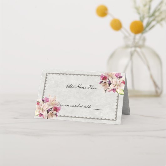 Blütenmarmor aus weißem Lilienholz, geklappt Platz Platzkarte (Vorderseite)