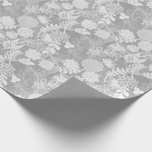 Blütenmuster Silber und Weiß Geschenkpapier (Ecke)