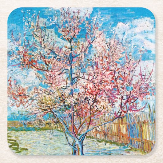 Blütenpfirsichbaum, Van Gogh Rechteckiger Pappuntersetzer (Vorderseite)