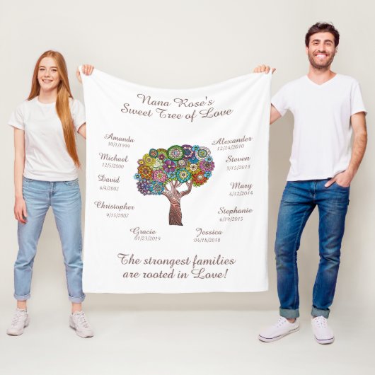 Blütenpflanze Oma, braun auf weißen 10 Namen/Daten Fleecedecke (Beispiel)