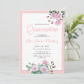 Blütenpink-Flora-Quinceanera-Feier Einladung (Stehend Vorderseite)