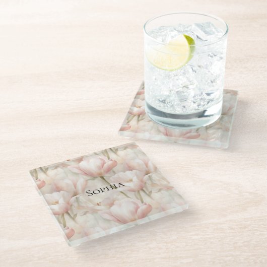 Blütenpink Tulips Glasuntersetzer (Schrägansicht)